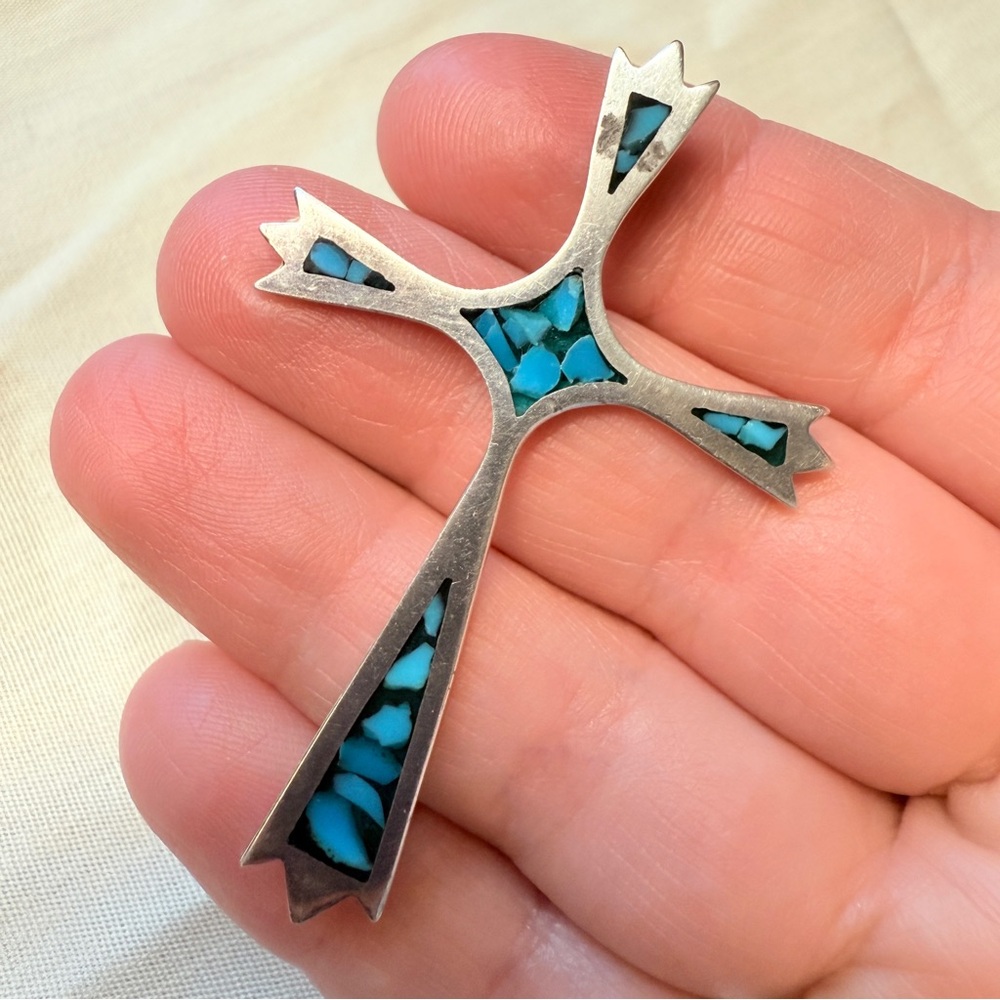 Sterling Silver Turquoise Chip Inlay Cross Pendant 2.25" Long 5.5 gr